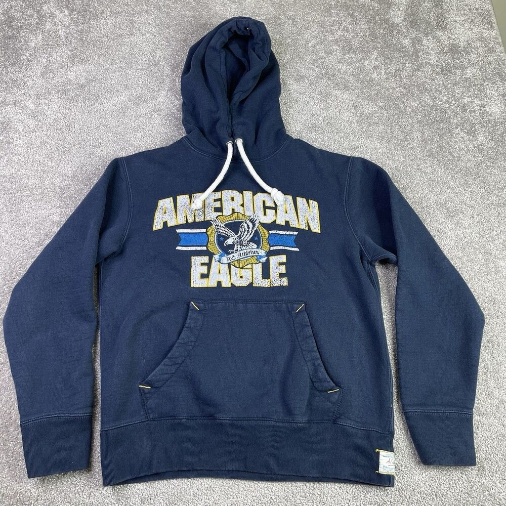 American Eagle Hoodie Men’s Small Blue Graphic Pullover Athletics Varsity Logo